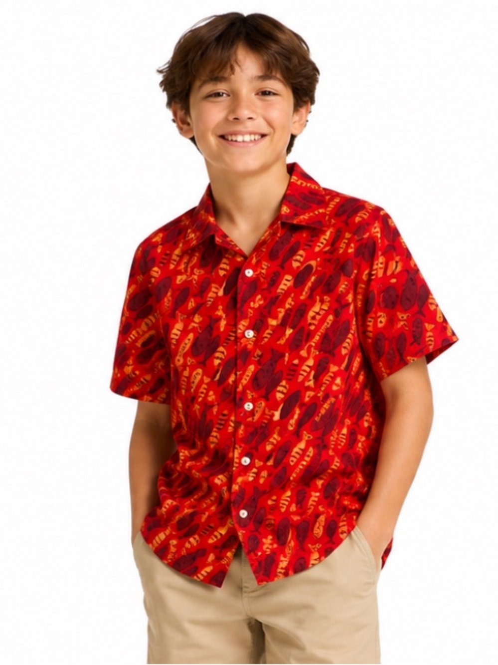 GAP Kids Red Fish Print Hawaiian Button-Up Shirt 100% Cotton Boys XL 12